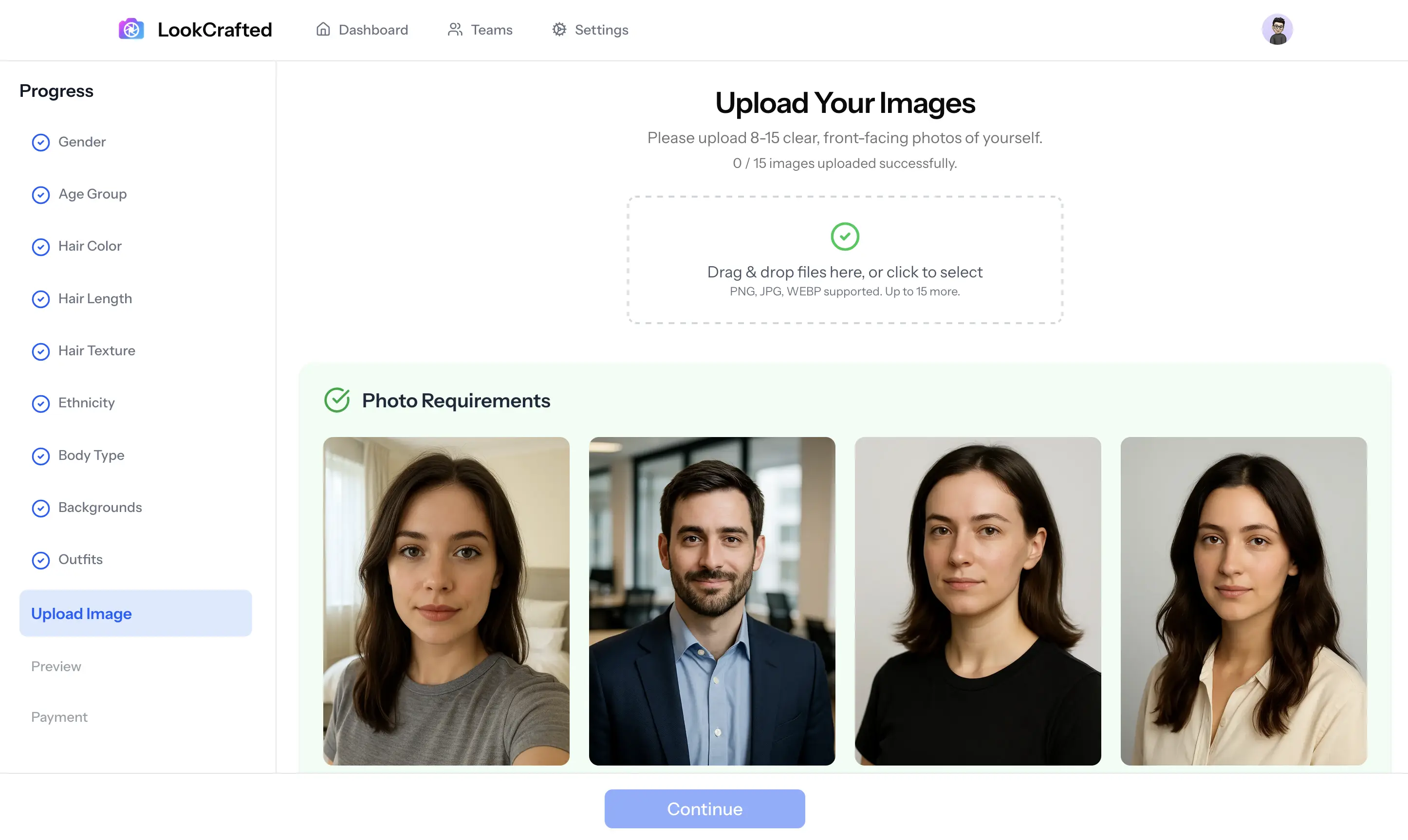 A grid of diverse selfie uploads illustrating the first step of the headshot generation process.